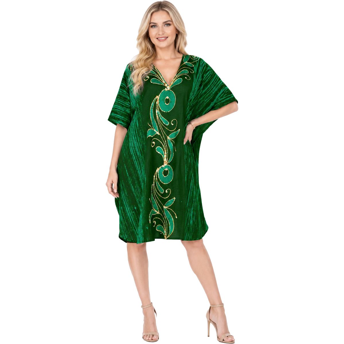 LA LEELA Summer Cotton Women Caftan Top Resortwear Vacation Holiday Cruise Pregnancy Wear Relaxed Fit Lounge Outfit 2X-3X Green Paisley