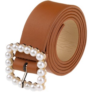 INSPIRE CHIC Women's Faux Leather Pearl Buckle Wide Waist Belts 40.9" X 1.2" - 1 of 4