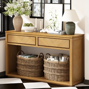 Rustic Wooden Entryway Console Table with Chevron Pattern, 2 Storage Drawers & Open Shelf, Elegant Sofa Table for Hallway & Living Room - 1 of 4