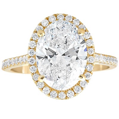 Pompeii3 3 1/2Ct Oval Moissanite & Diamond Halo Engagement Ring 14k Yellow Gold