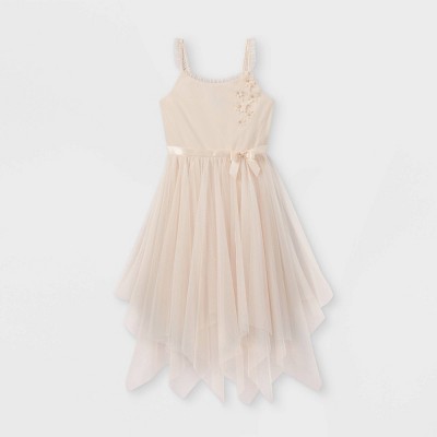 Zenzi Girls' Sleeveless 3D Floral Mesh Hanky Hem Dress - Cream XXL