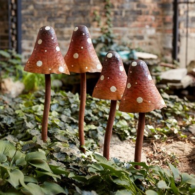 Rustic Brown and Red Iron Mushroom Garden Stakes, Set of 2