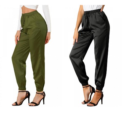 Allegra K Women's Drawstring Elastic Waist Ankle Length Satin Joggers with Pocket 2 Pcs