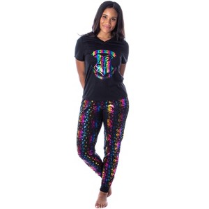 Harry Potter Womens' Rainbow Foil Hogwarts Crest 2 Piece Pajama Jogger Set Multicolor - 1 of 4