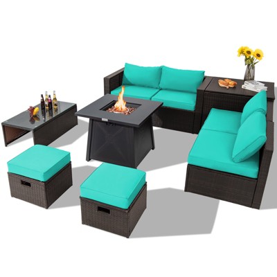 Tangkula 9PCS Outdoor Patio Furniture Set with 30" Propane Fire Pit Table PE Wicker Space-Saving Sectional Sofa Set w/ Storage Box & Cushions