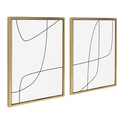 Modern Black and White Abstract Canvas Art with Gold Frame, 18x24, Set of 2