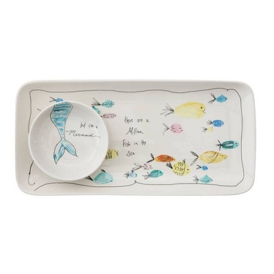 Whimsical Fish and Mermaid Ceramic Chip and Dip Set