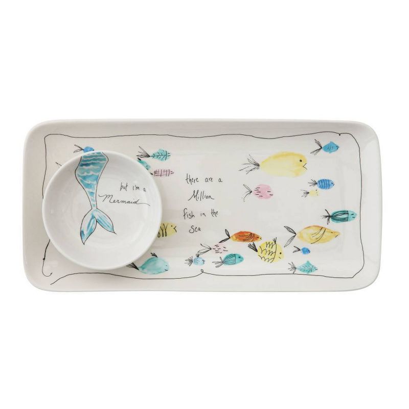 Stoneware Plate &#38; Small Round Dish with Fish Print White/Blue/Yellow 2pc - Storied Home, 3 of 9