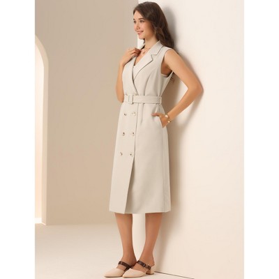 Женские платья INSPIRE CHIC Women's Notched Lapel Double Breasted Belted Work Office Sleeveless Blazer Dress Apricot Medium — фото 4