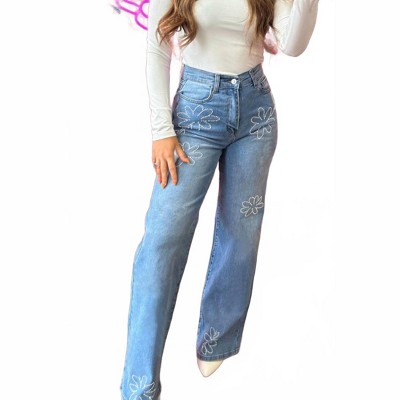 Women's Floral Rhinestone Decor Jeans - dear lover US8