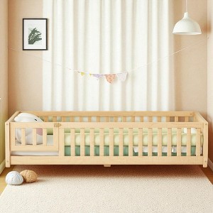 Twin Size Kids Floor Bed with Safety Guardrails and Door, Low Profile Montessori Wooden Platform Bed Frame for Toddlers and Children Bedroom - 1 of 4