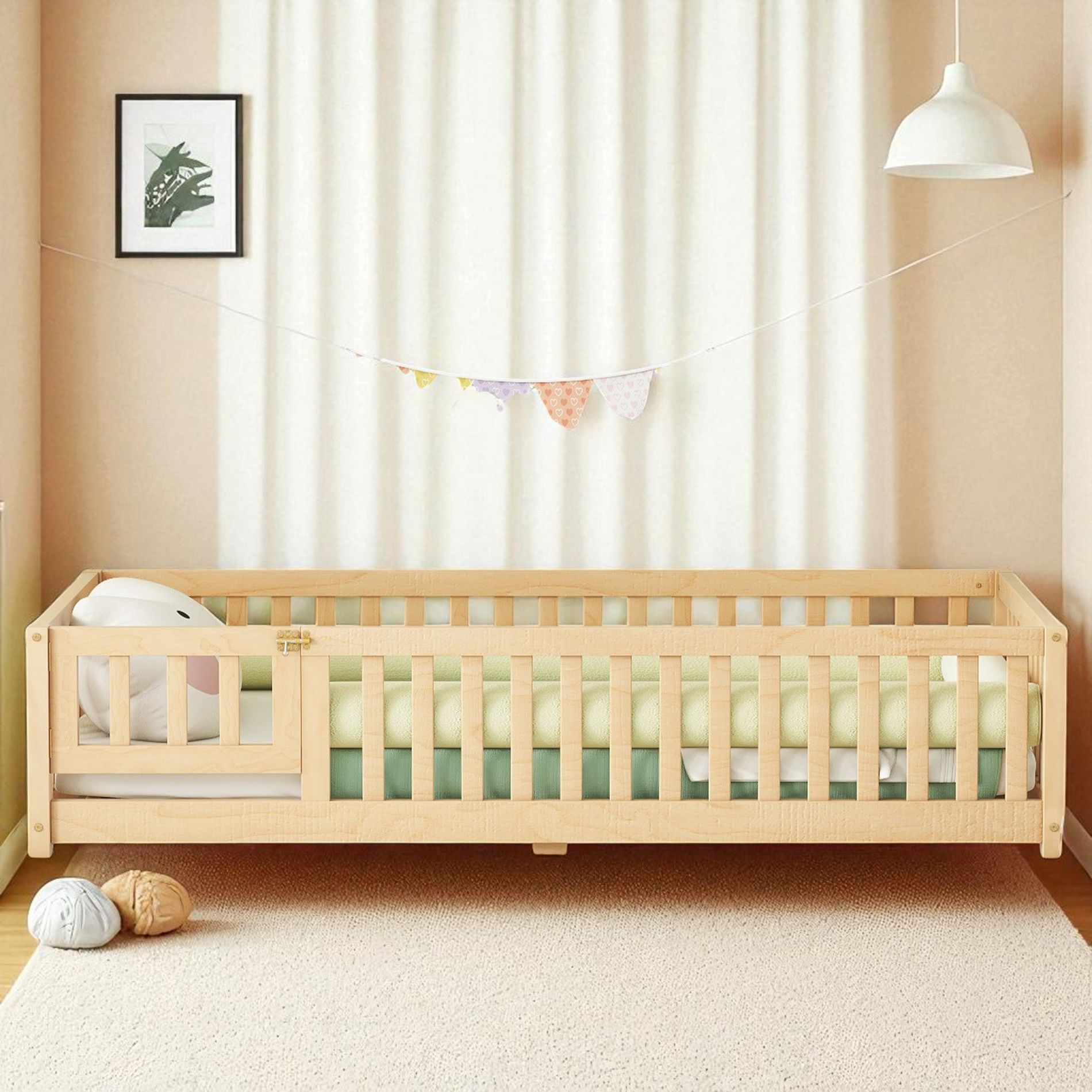 Twin Size Kids Wooden Floor Bed with Safety Guardrails and Door, Montessori Style Low Profile Platform Bed Frame for Toddlers and Children Bedroom