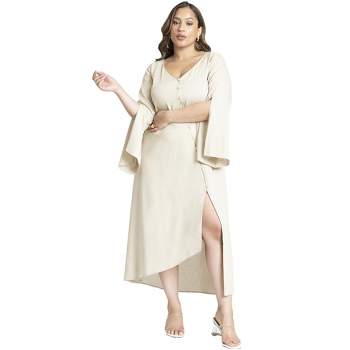 ELOQUII Women's Plus Size Asym Button Up Linen Dress