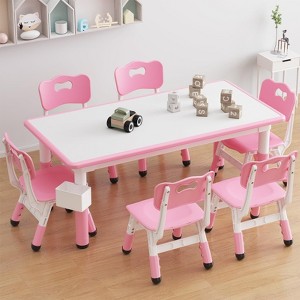 Adjustable Kids Table and 6 Chairs Set with Storage Box, Multi-Activity Toddler Table and Chair Set for Ages 2-10, Non-Slip Legs, Graffiti Desktop - 1 of 4