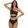 Women's 2025 Summer High Waisted Bikini Set One Shoulder Sleeveless Swimsuits 2 Piece Cutout Crop Top Beach Bathing Suit Solid Tummy Control Swimwear - 3 of 4