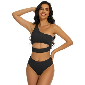 Women's 2025 Summer High Waisted Bikini Set One Shoulder Sleeveless Swimsuits 2 Piece Cutout Crop Top Beach Bathing Suit Solid Tummy Control Swimwear - 1 of 4