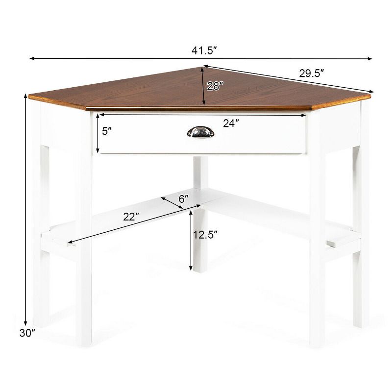 Costway Triangle Computer Desk Corner Office Desk Laptop Table w/ Drawer Shelves Rustic Natural &White, 3 of 9