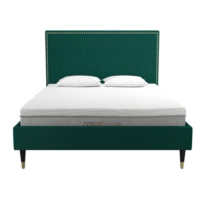 Emerald Green Velvet Queen Bed with Gold Nailhead Trim & Black Legs