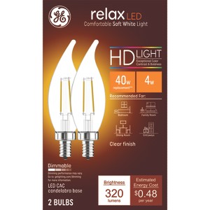 GE 2pk Clear 40W Relax LED Decorative Light Bulbs Soft White: E12 Candelabra Base, 2700K, 320 Lumens, Dimmable - 1 of 4