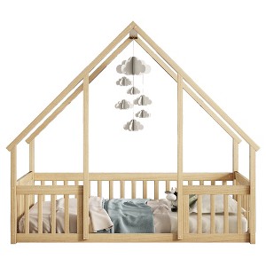 Bellemave Full Floor Bed for Kids, Girls, Boys, Wood House Bed Frame,Full Size Montessori Floor Bed with Fence, Playhouse for Kids,Natural - 1 of 3