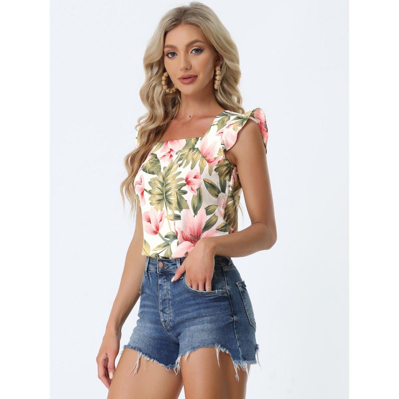 Allegra K Women's Tropical Floral Printed Square Neck Ruffle Sleeve Tank Top, 2 of 6