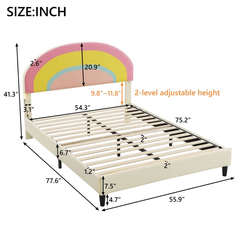Full/Twin Size Upholstered Platform Bed with Rainbow Shaped and Height-adjustable Headboard, LED Light Strips, Beige -ModernLuxe, 4 of 13
