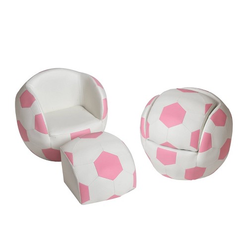 Upholstered Soccer Ball Kids Chair With Pull Out Ottoman Pink