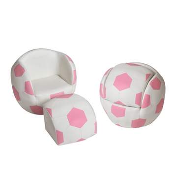 Upholstered Soccer Ball Kids' Chair with Pull out Ottoman Pink/White - Gift Mark