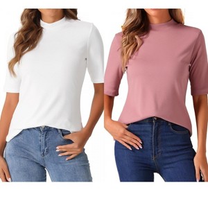INSPIRE CHIC Women's Half Sleeve Casual Turtleneck Solid Elastic Soft T-Shirts 2 Packs - 1 of 4