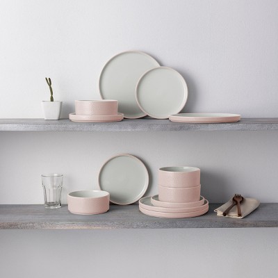 Blush and White Porcelain 12-Piece Textured Dinnerware Set