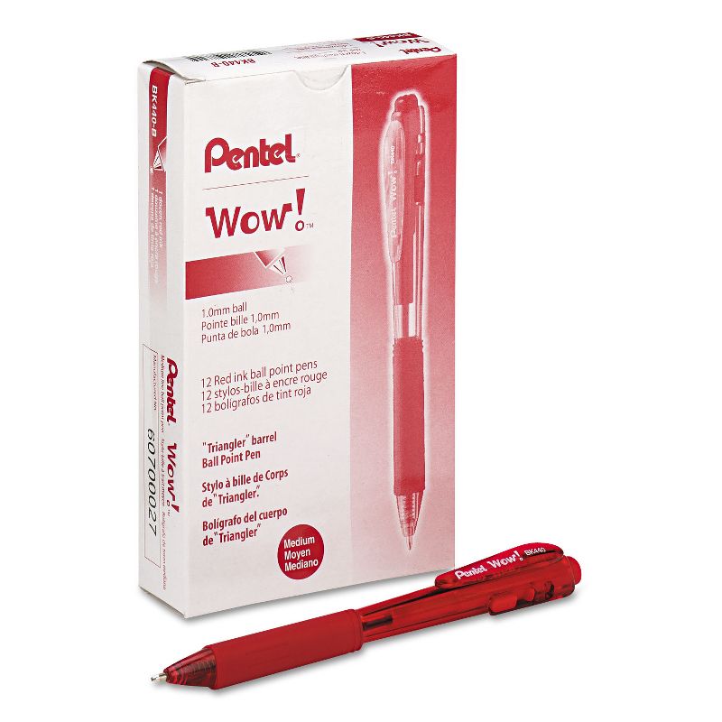 Pentel WOW! Retractable Ballpoint Pen 1mm Red Barrel/Ink Dozen BK440B, 2 of 3