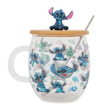 Silver Buffalo Disney Lilo & Stitch Expressions Glass Mug With Lid and Spoon | Holds 17 Ounces