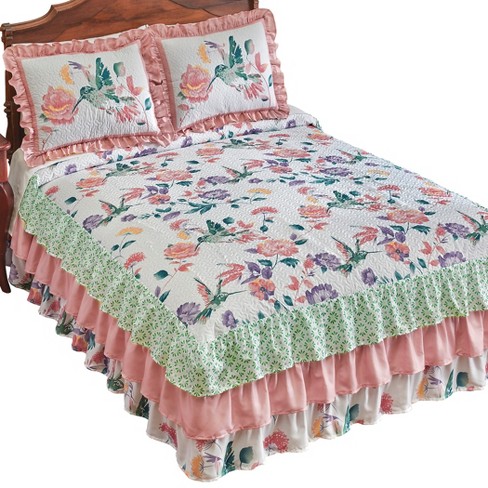 Collections Etc Hummingbirds And Flowers Ruffled Quilted Bedspread King ...