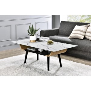 Landon 47inCoffee Table with Glass White Marble Texture Top and Bent Wood Design - 1 of 1