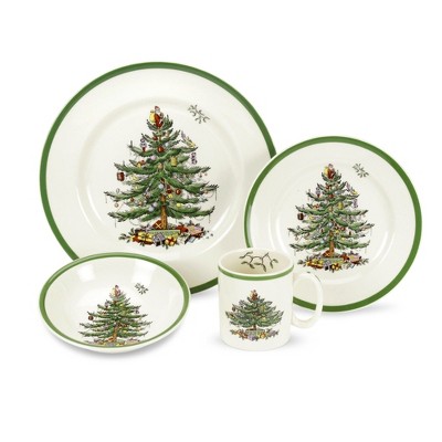 Spode Christmas Tree 4-Pc Dinnerware Setting - Fine Earthenware Holiday Tableware - Dishwasher & Microwave Safe, Festive Christmas Plates, Bowls, Mug