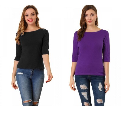 Allegra K Women's Classic Solid Elbow Sleeves Round Neck Slim Fit T-Shirts 2 Packs