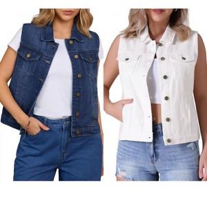 INSPIRE CHIC Women's Sleeveless Turndown Collar Button Down Chest Flap Pockets Washed Denim Vest 2 Packs - 1 of 4