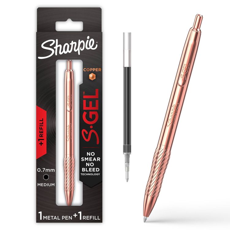 Copper colored metal pen with "Sharpie S-Gel" branding, shown with packaging that includes "+1 refill" and "0.7mm medium" text.