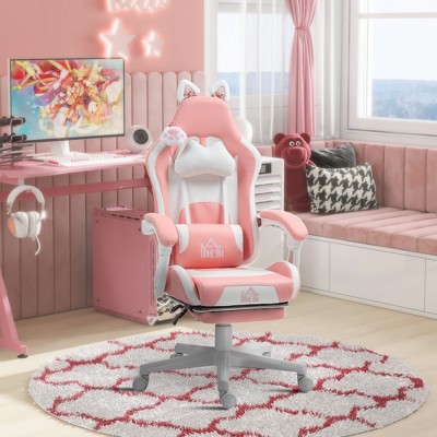 Pink Faux Leather Reclining Gaming Chair with Footrest and Cat Ears
