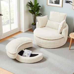 Corduroy Swivel Chair with Storage Ottoman and Back Pillow - 1 of 4