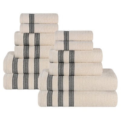 Zero Twist Cotton Ribbed Modern Geometric Border Assorted 12 Piece Bathroom Towel Set by Blue Nile Mills