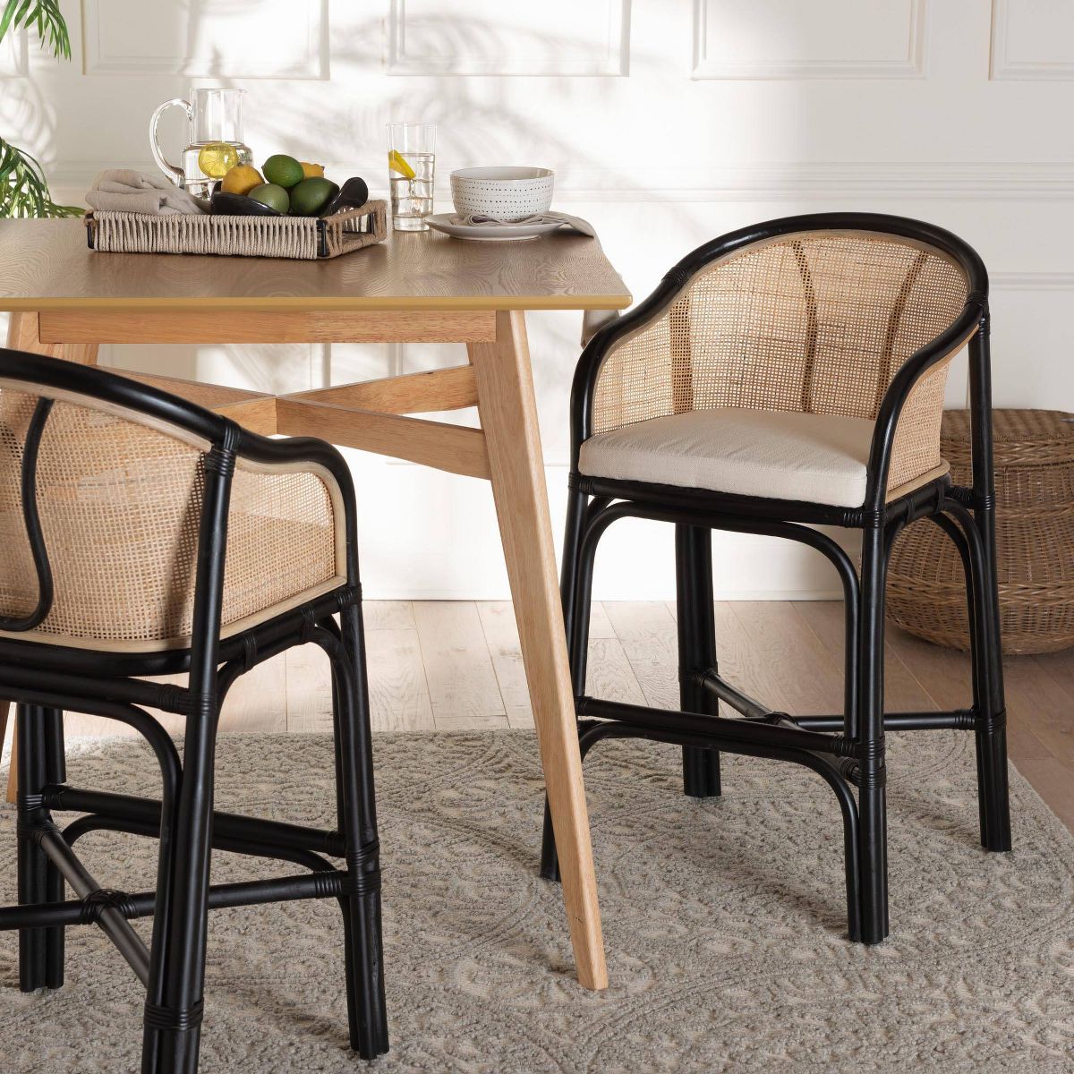bali & pari Miranda Two-Tone Rattan Counter Height Barstool White/Natural Brown/Black: Polyester Upholstery, No Assembly Required - thumbnail 3