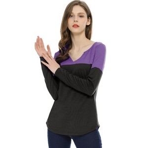 Allegra K Women's Casual Color Block Stretch Long Sleeves Split V-Neck T-Shirt - 1 of 4