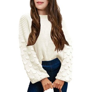 Girls Pullover Sweater Cable Knit Soft Comfy Sweater for Girls Crew Neck Sweater Puff Sleeve Ribbed Knit Cuff - 1 of 4