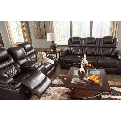 Brown Faux Leather Power Reclining Sofa with Storage and Cup Holders