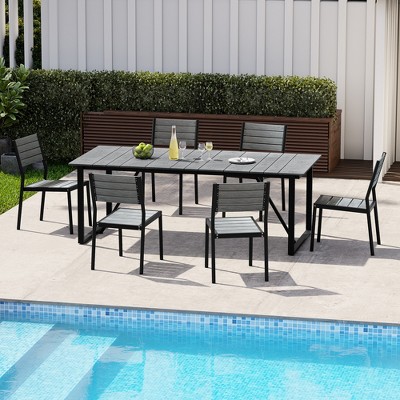 Crestlive Products 7pc Outdoor Dining set Table 82.7 inch Patio Dining Table Wooden-Like Top Aluminum Frame with Umbrella Hole 6seat
