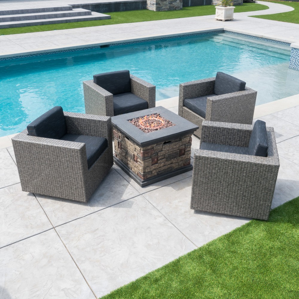 Puerta 5pc Wicker Club Chair & Stone Firepit Set - Mixed Black/Dark Gray - Christopher Knight Home