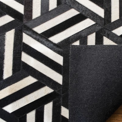 Ivory and Black Hand-Knotted Geometric Cowhide Area Rug