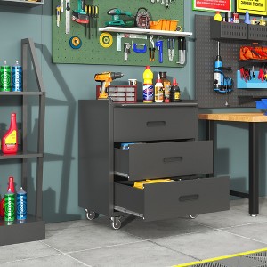 ORRD Heavy-Duty 3-Drawer Tool Cabinet on Wheels, Metal Storage Cart for Garage & Workshop Organization, Black/Gray - 1 of 4