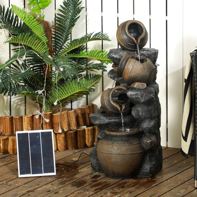28.3" Brown Resin Solar Powered 4-Tier Water Fountain with LED Lights